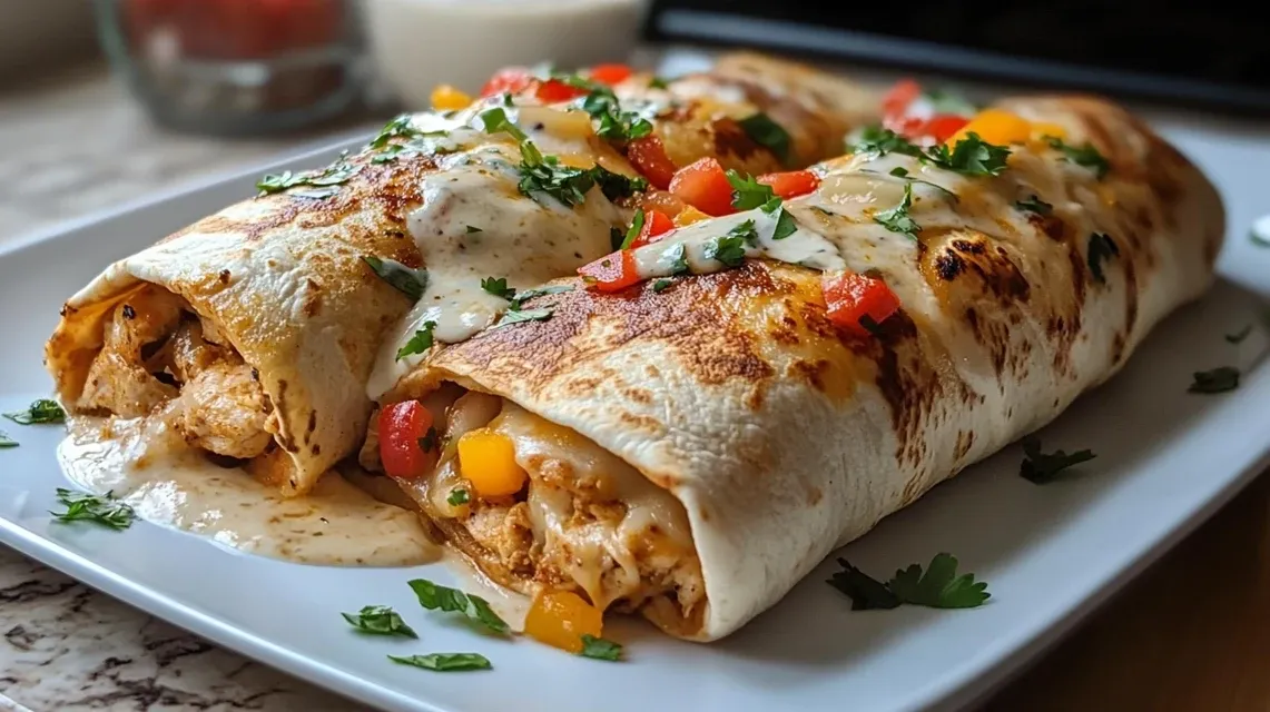 Ingredients for chicken bell pepper ranch burritos displayed on wooden cutting board