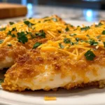 Crispy cheddar chicken breasts with golden cornflake coating on a white plate