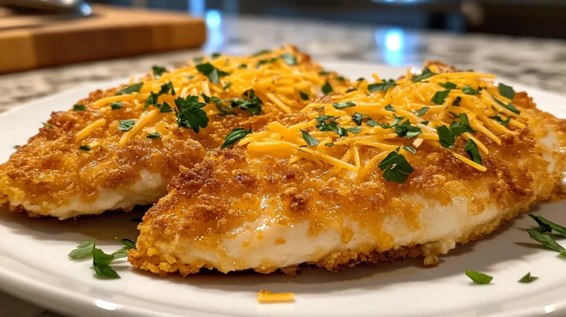 Crispy cheddar chicken breasts with golden cornflake coating on a white plate