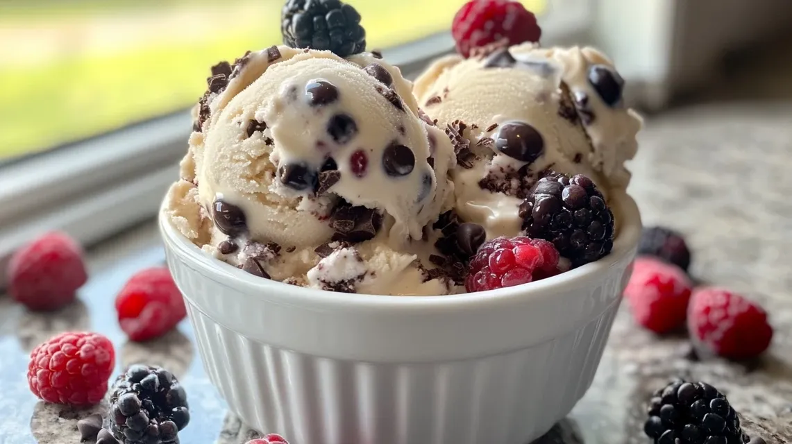 Creamy scoops of high protein Ninja Creami ice cream in a bowl