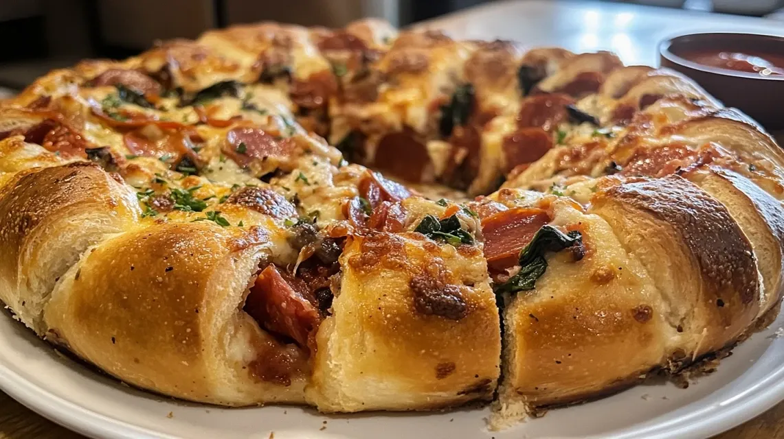 Sliced garbage bread showing spiral layers of cheese, meats and vegetables