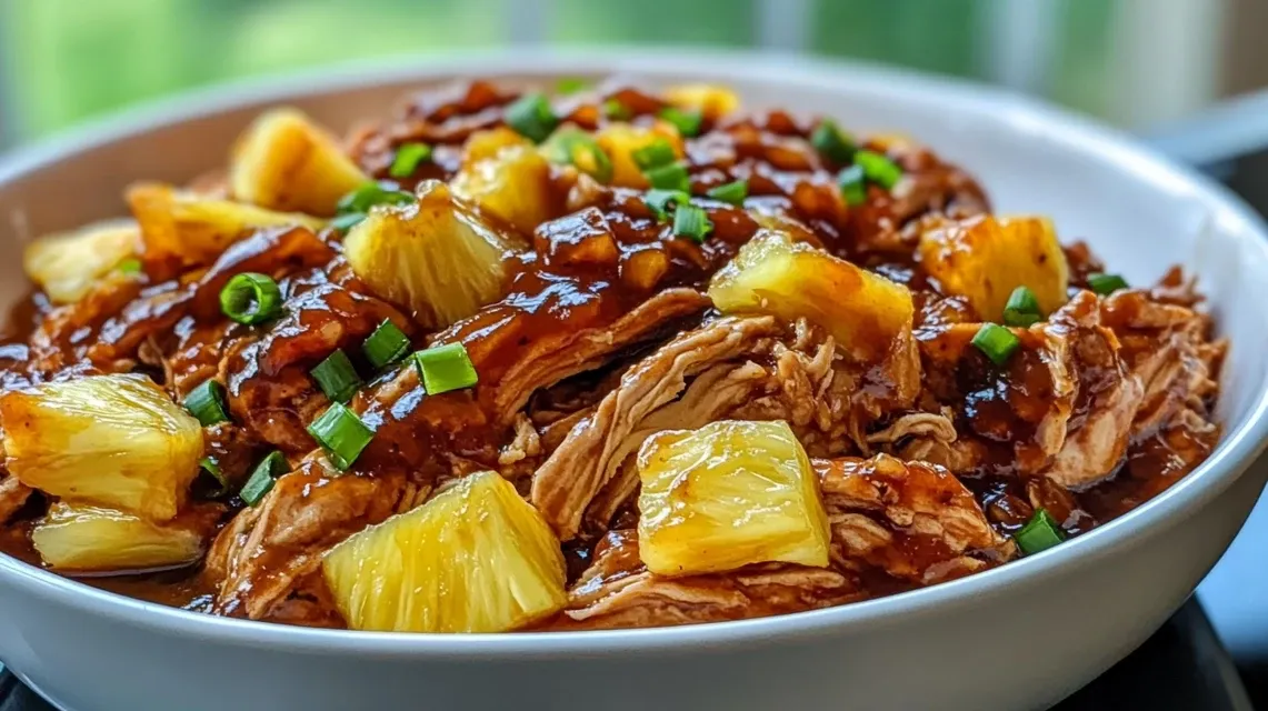 Shredded Crockpot Pineapple BBQ Chicken with chunks of pineapple