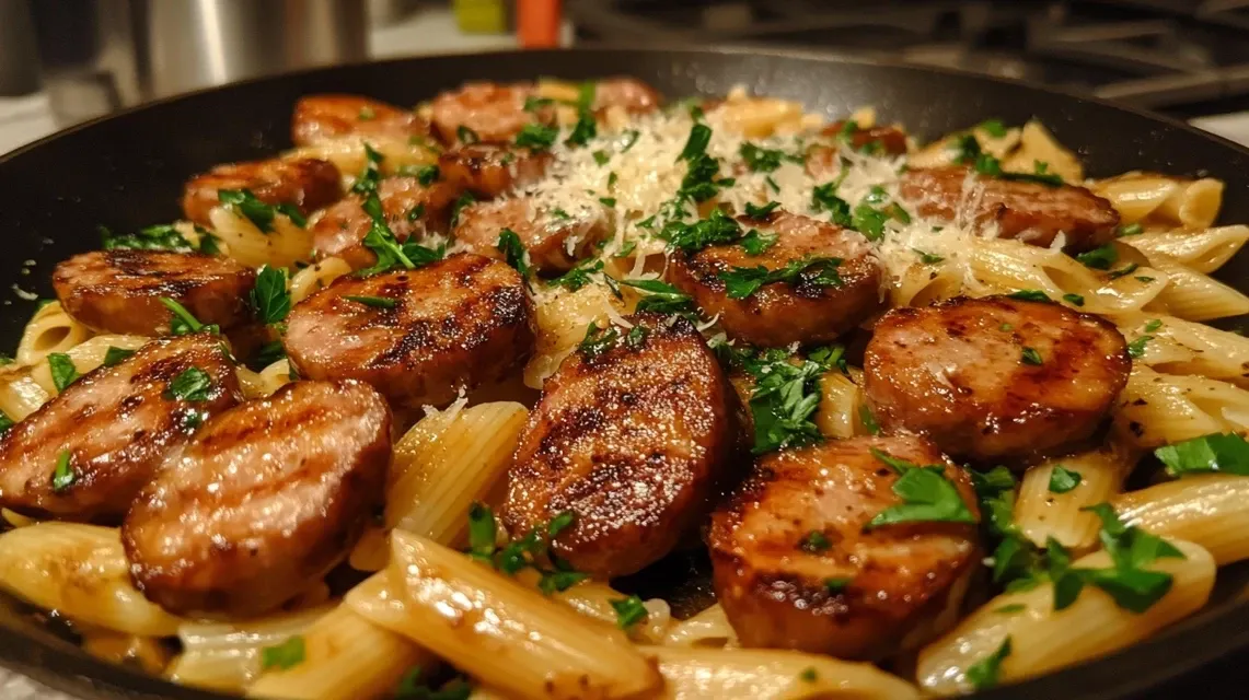 Sticky honey garlic sausage pasta in a cast iron skillet with fresh parsley