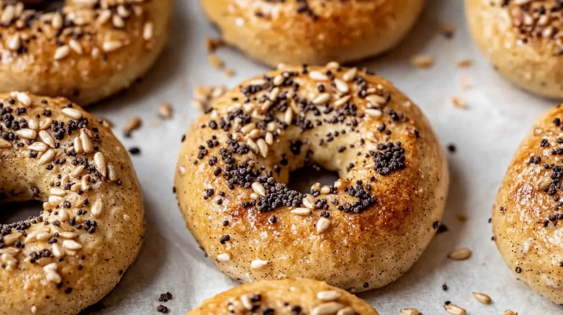 Freshly baked high protein bagels with everything seasoning on parchment paper