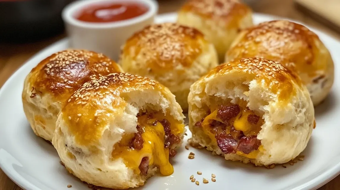 Freshly baked bacon cheeseburger bombs with sesame seed topping