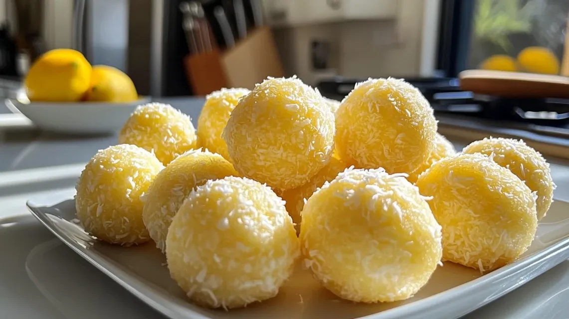 Homemade lemon coconut protein power balls in a white bowl