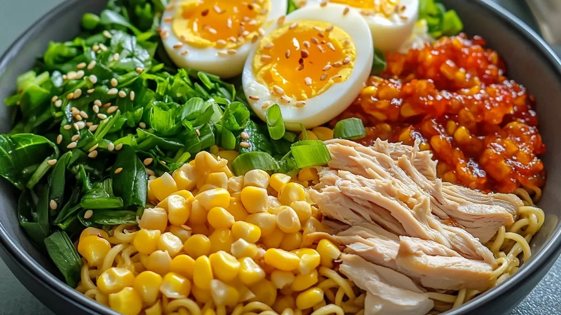 Steaming bowl of high protein ramen with chicken, egg, and vegetables
