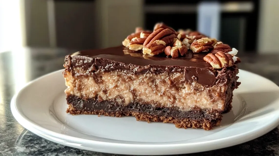 Slice of German Chocolate Cheesecake showing layers of chocolate crust, creamy filling and coconut-pecan topping