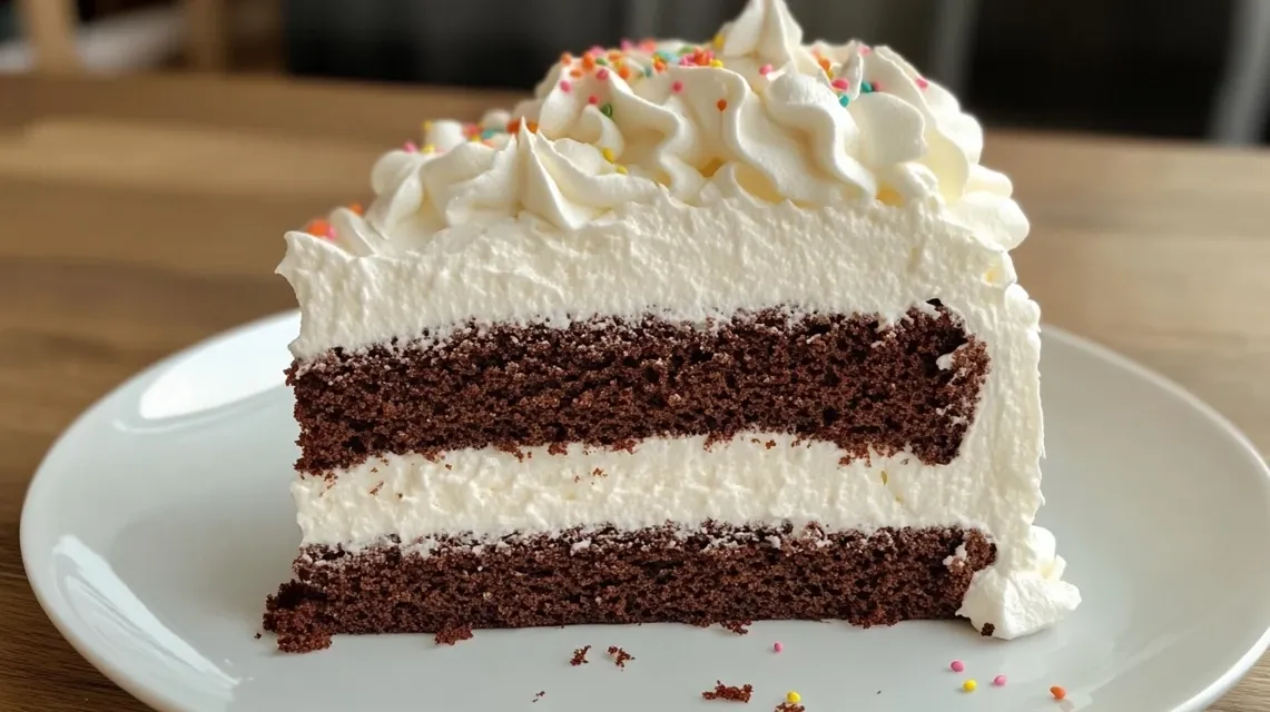Fluffy marshmallow frosting being spread on chocolate cake