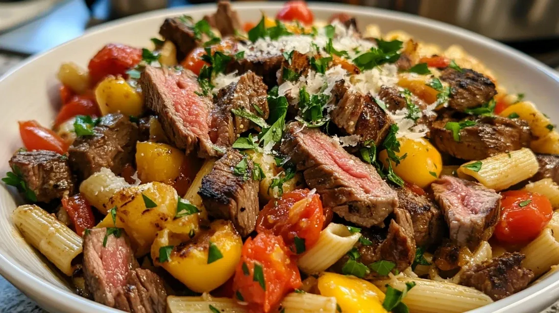 One-Pot Zesty Steak Pasta in a large Dutch oven with steam rising