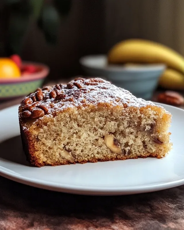 Sliced banana pecan cake showing moist interior with pecans