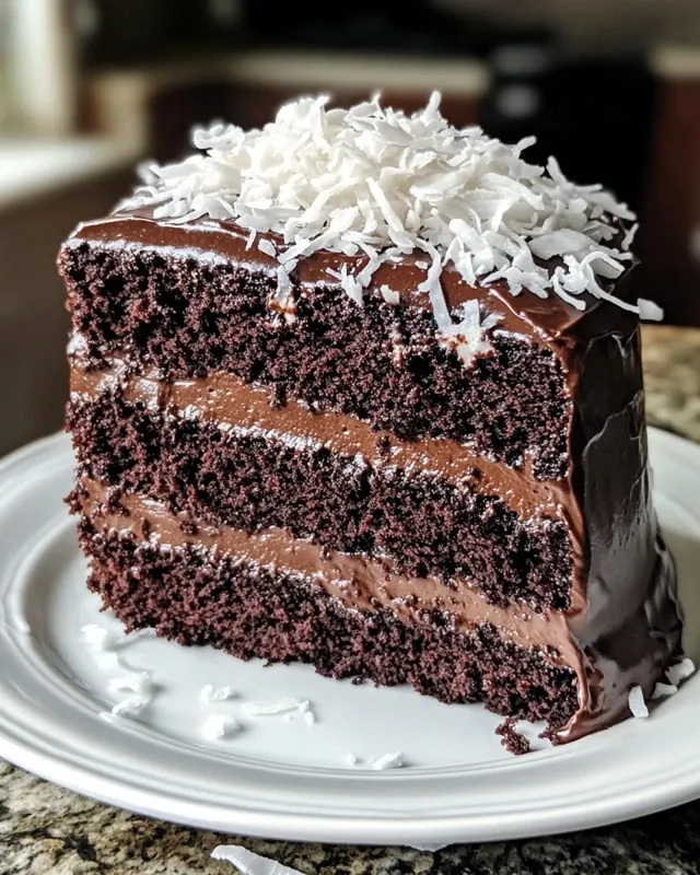 Coconut filling being spread on chocolate cake layer