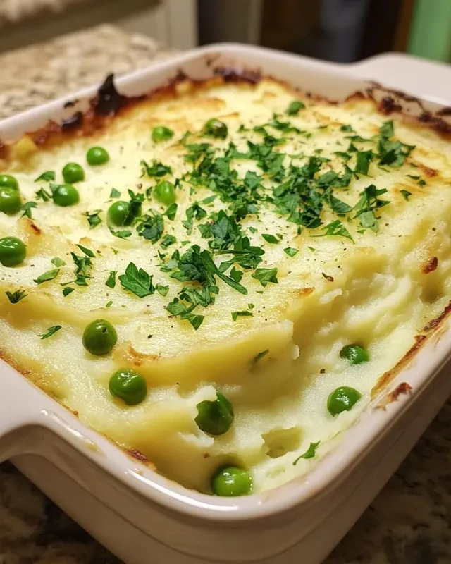 Process of making creamed potatoes with cream sauce being poured over potatoes and peas