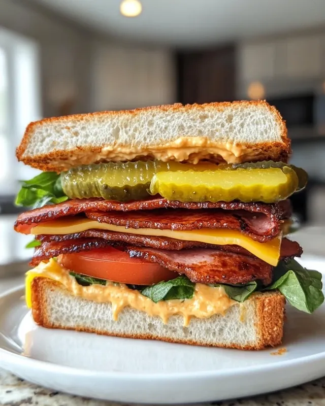 Assembled fried bologna sandwich with melting cheese and fresh vegetables