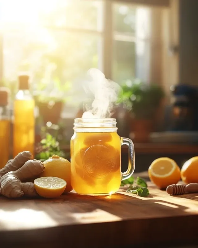 Ingredients for Natural Mounjaro recipe: apple cider vinegar, lemon, ginger, honey.
