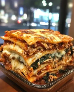 Sliced portion of chicken mushroom spinach lasagna showing distinct layers