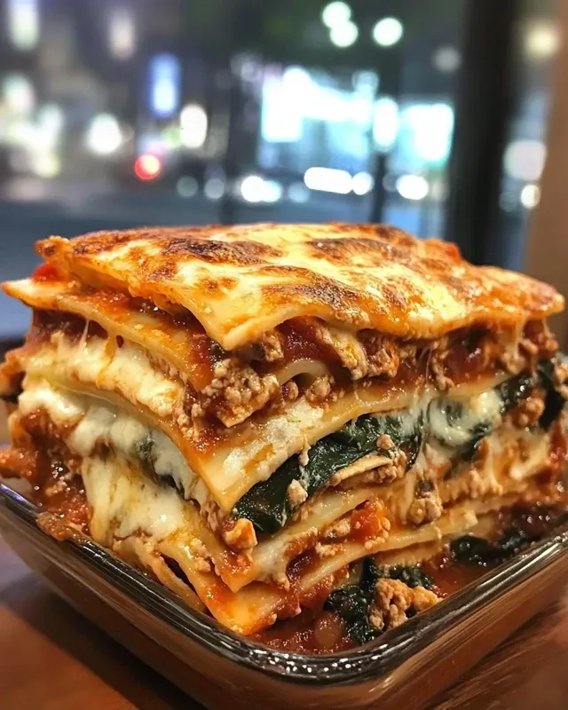 Sliced portion of chicken mushroom spinach lasagna showing distinct layers