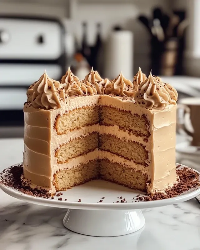 Slice of caramel coffee buttercream cake showing layers and frosting