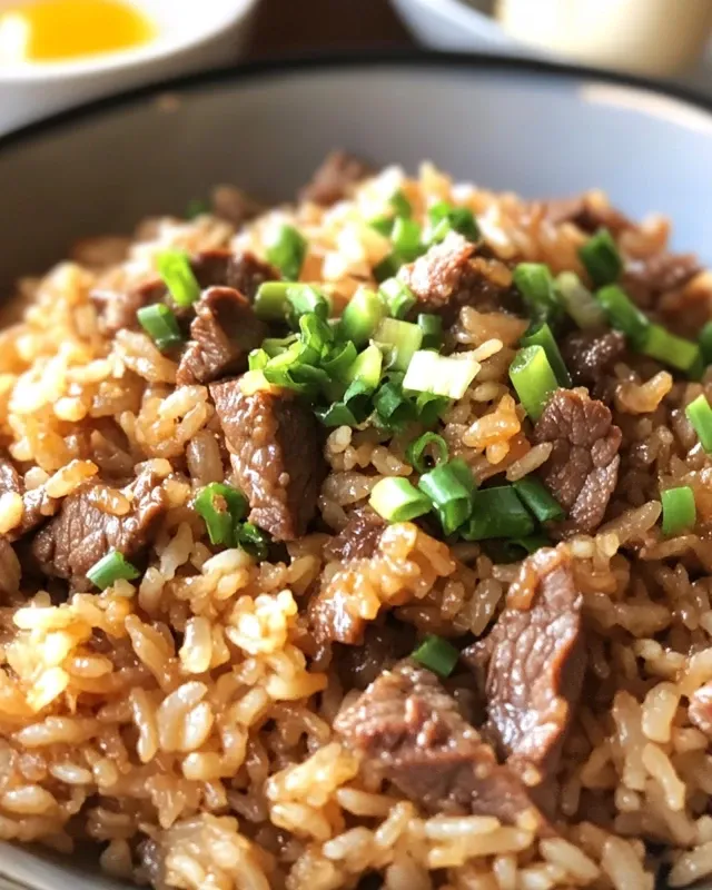 Close-up of onion beef fried rice showing texture and ingredients