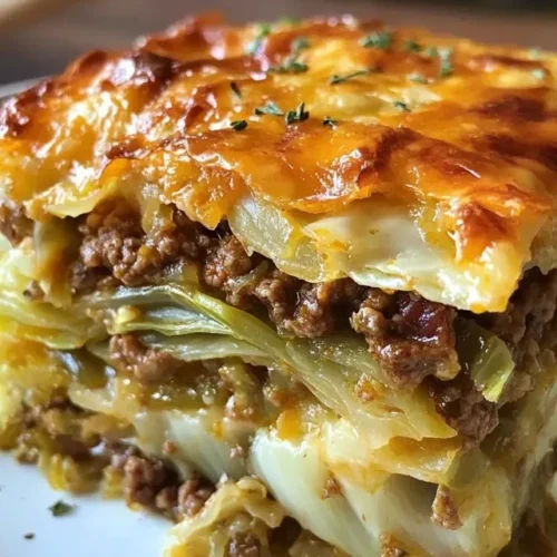 Serving spoon lifting a portion of Cheesy Cabbage Beef Casserole