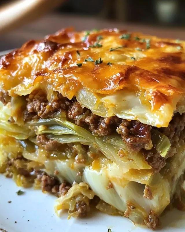 Serving spoon lifting a portion of Cheesy Cabbage Beef Casserole