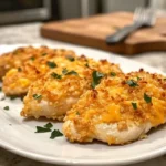 Close-up of sliced crispy cheddar chicken showing juicy interior