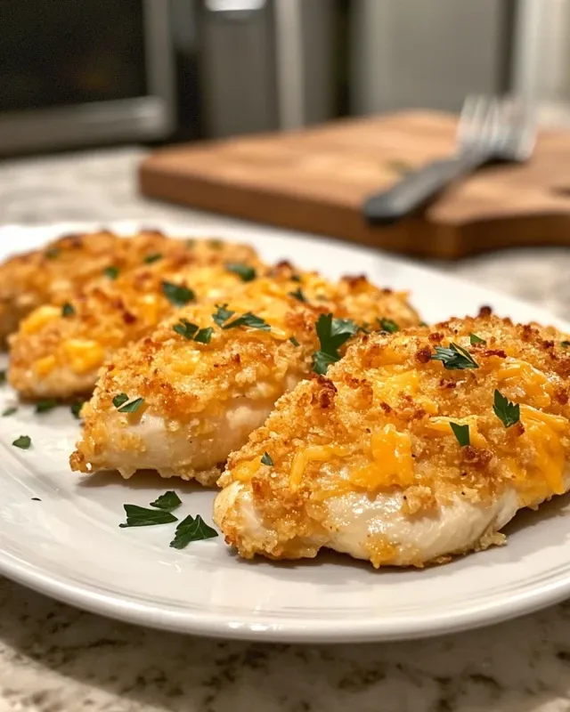 Close-up of sliced crispy cheddar chicken showing juicy interior