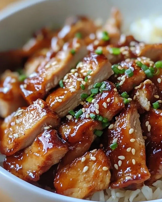 Close-up of glazed teriyaki chicken pieces with sesame seed garnish