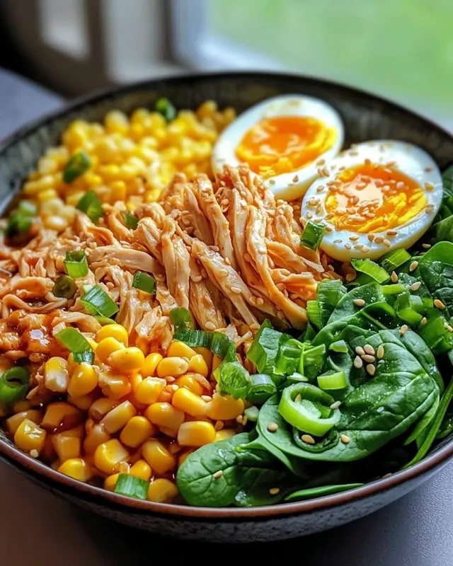 Soft-boiled egg being added to high protein ramen bowl