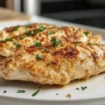 Breading station for Parmesan crusted chicken with flour, egg mixture, and breadcrumb mixture
