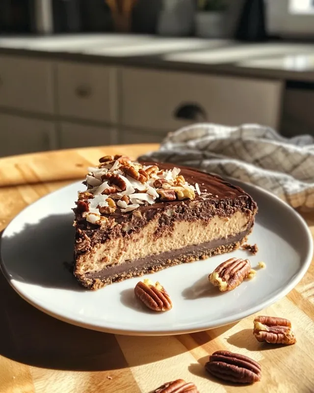Overhead view of whole German Chocolate Cheesecake with coconut-pecan topping