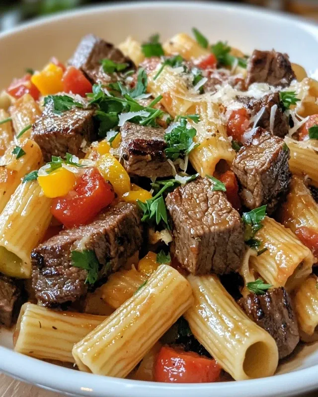 Serving a plate of One-Pot Zesty Steak Pasta with grated parmesan