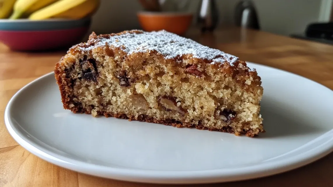 Banana pecan cake being served with vanilla ice cream