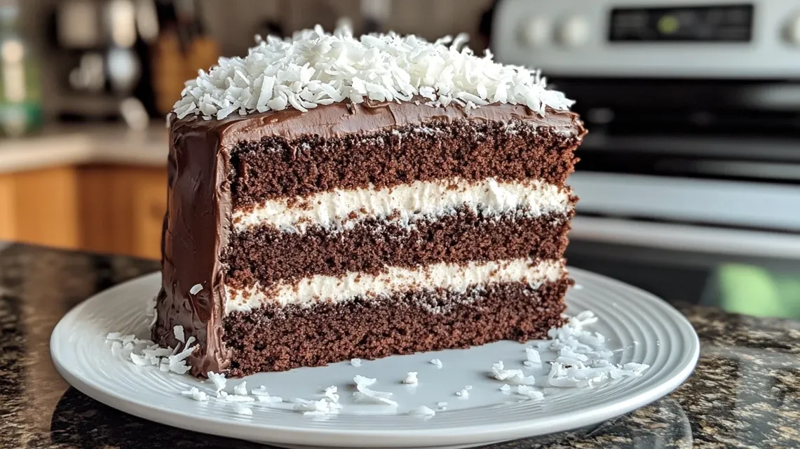 Sliced Mounds Cake showing layers of chocolate and coconut