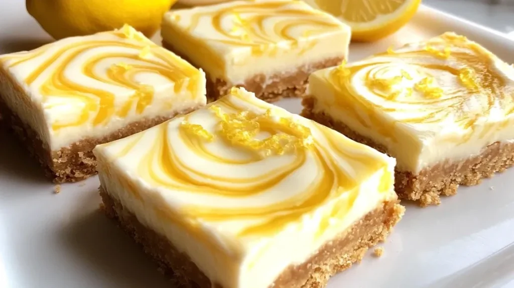 Finished lemon marbled cheesecake bars with fresh berries
