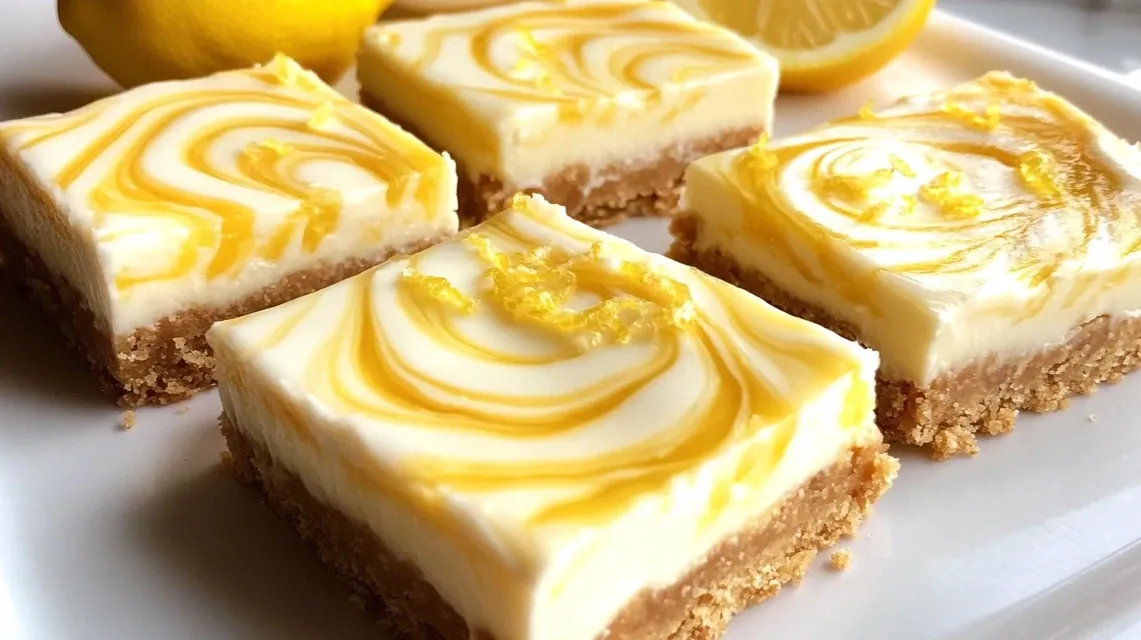 Finished lemon marbled cheesecake bars with fresh berries