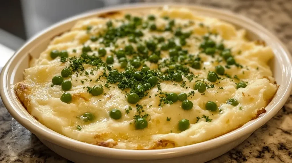 Served plate of creamed potatoes and peas alongside roasted chicken