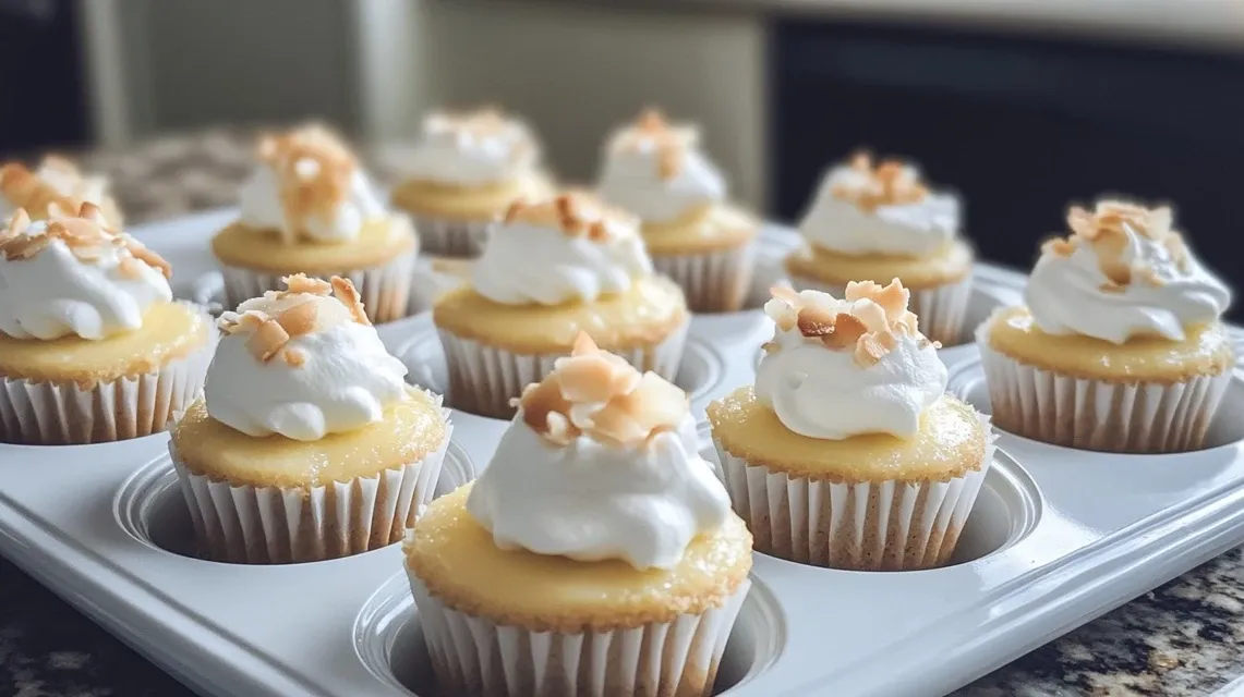 Adding whipped cream and pineapple topping to mini cheesecakes