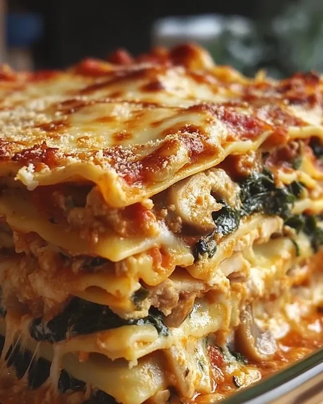 Process of layering chicken mushroom spinach lasagna in baking dish