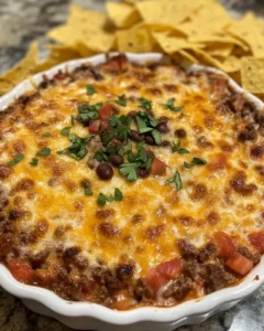 Meaty Texas Trash Dip served with tortilla chips and fresh vegetables
