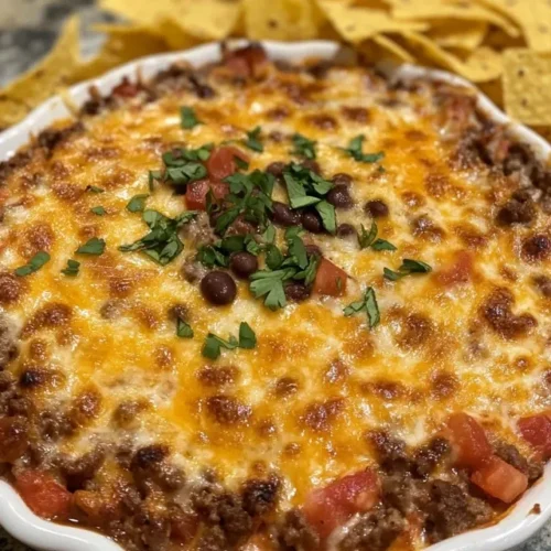 Meaty Texas Trash Dip served with tortilla chips and fresh vegetables