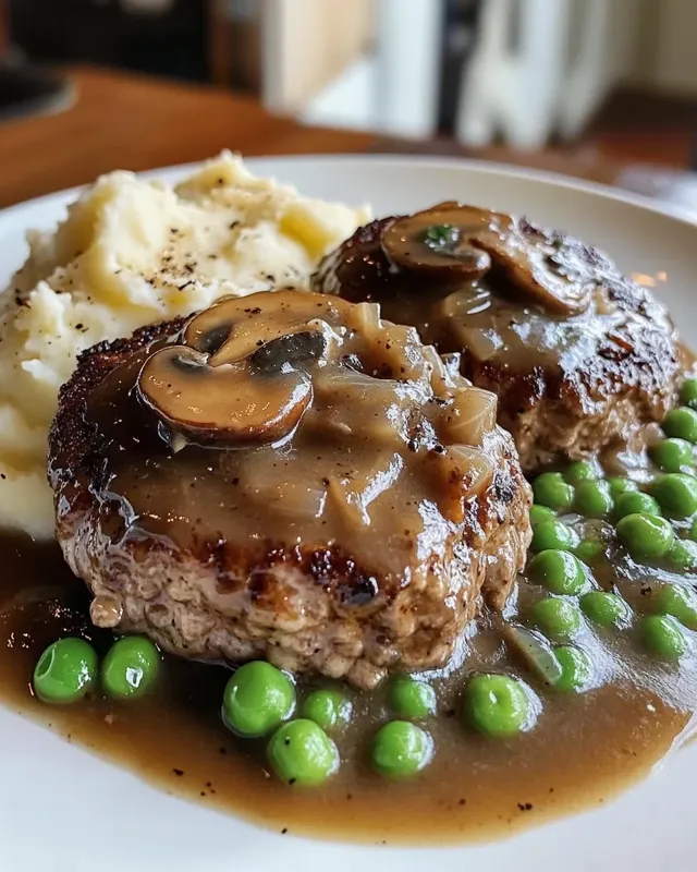 Simmering Salisbury steak in rich mushroom gravy in a skillet
