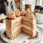 Process of making caramel coffee buttercream cake showing ingredients and mixing