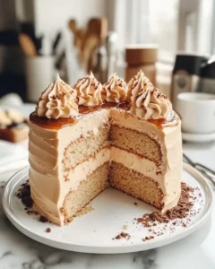 Process of making caramel coffee buttercream cake showing ingredients and mixing