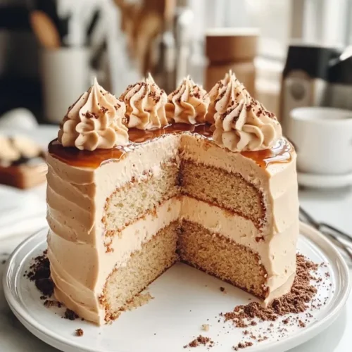 Process of making caramel coffee buttercream cake showing ingredients and mixing