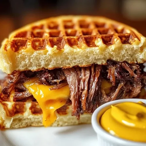 Completed bourbon-maple brisket waffle sandwich on plate with sides