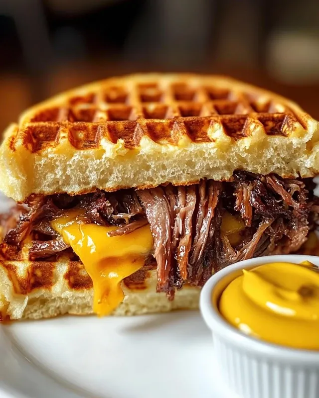  Completed bourbon-maple brisket waffle sandwich on plate with sides