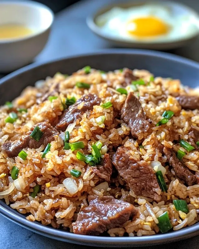 Serving bowl of onion beef fried rice with green onion garnish