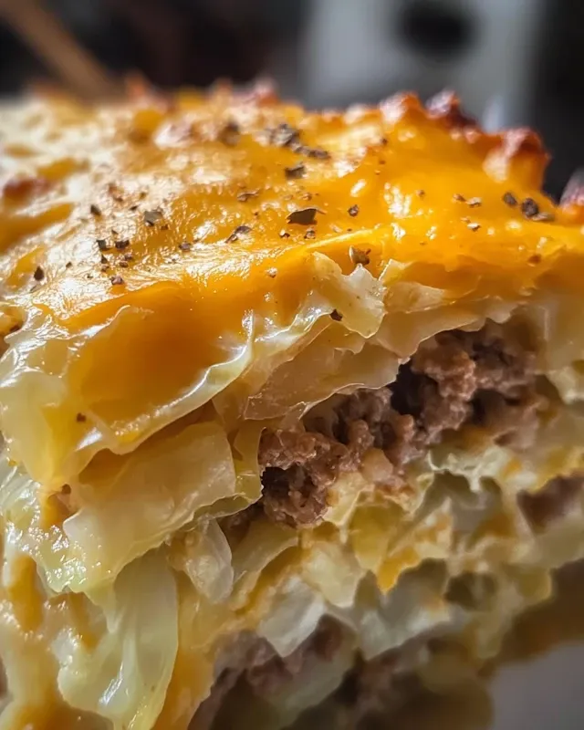 Plated Cheesy Cabbage Beef Casserole with crusty bread