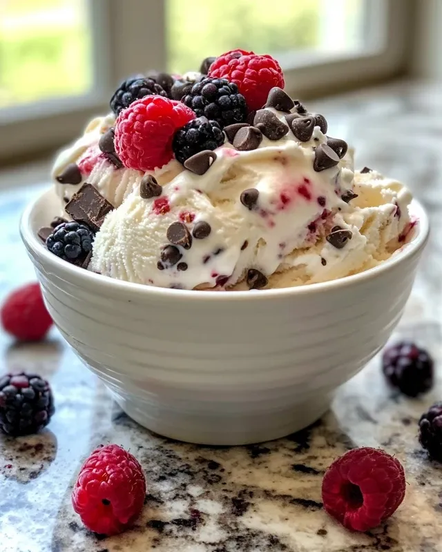High protein ice cream sundae with berries and nuts